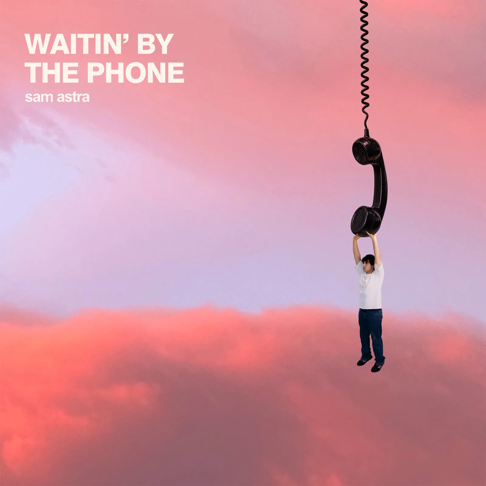 Waitin' by the Phone cover art: Sam Astra hanging from a telephone cord above pink clouds